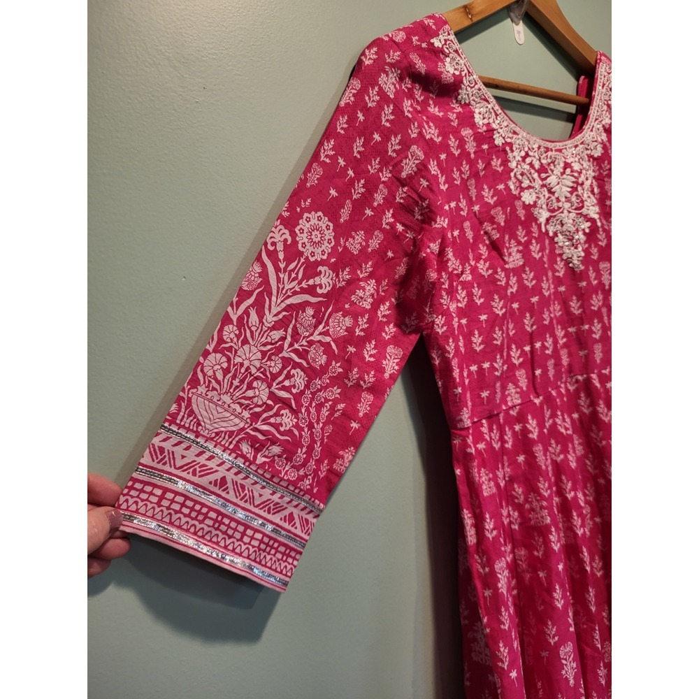 New Biba Fushcia Pink Kurta Ehnic 3/4 Sleeve Embroidered Midi Dress 34/M - Picture 4 of 9